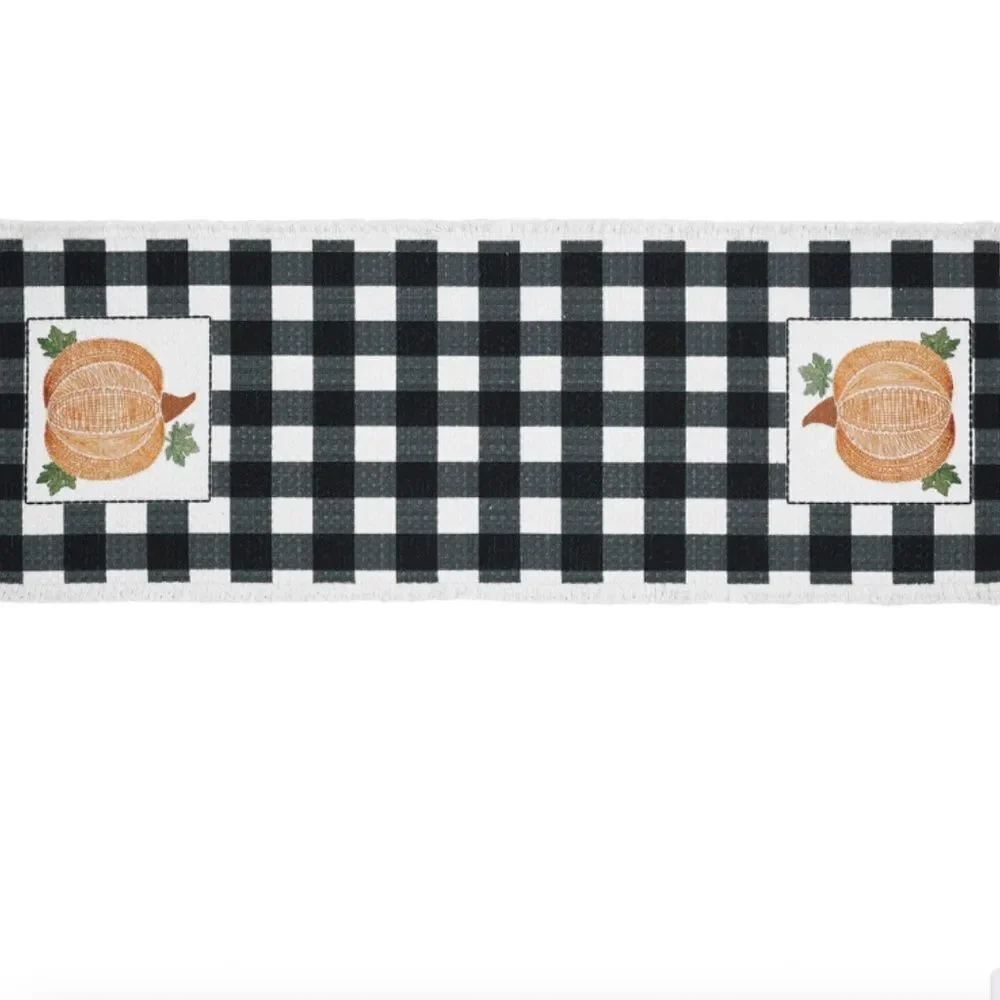 Pumpkin Harvest Buffalo Plaid Table Runner 8x24 Country Farmhouse Fringed